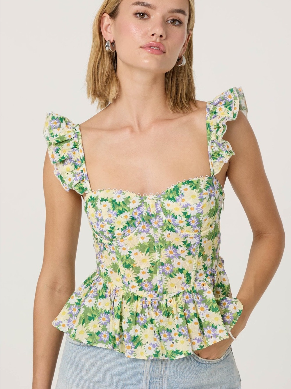 ASTR The Label Floral Peplum Top - Green, Yellow, Purple